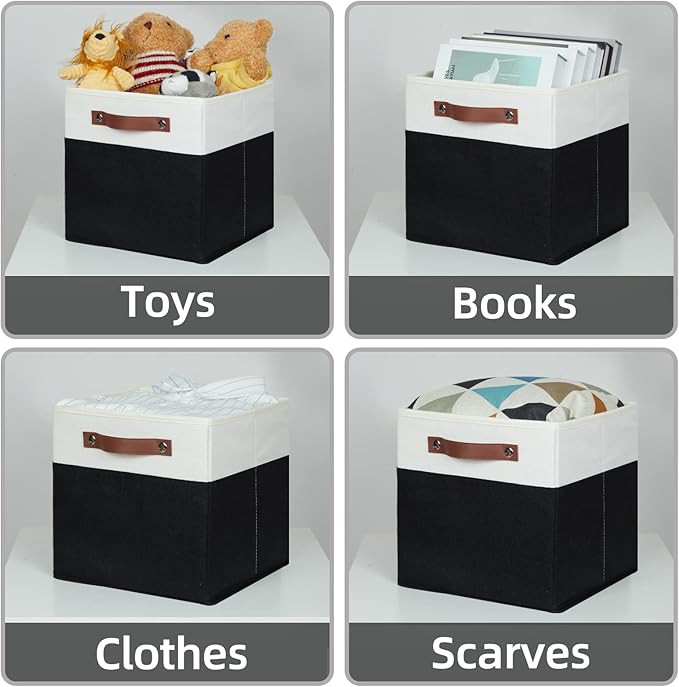 HNZIGE Cubes Storage Bins Set of 4,11 x 11 Fabric Storage Cube Baskets for Storage,Decorative Storage Bins for Shelves with Handles,Closet Clothes Baskets for Organizing Home(Black White)
