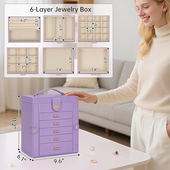 AKOZLIN 6-Tier Jewelry Box Organizer Functional 5 Drawers Leather Jewelry Storage Case for Women Girls Ring Necklace Earring Bracelet Holder Organizer with Mirror Violet