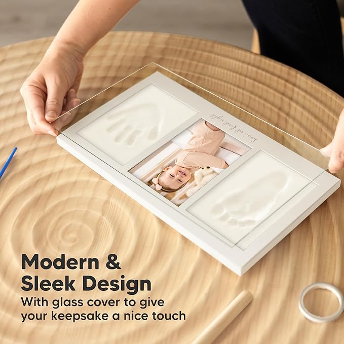 Baby Hand and Footprint Kit - Clay Handprint Keepsake Frame, Newborn Nursery Picture Frame, Personalized New Mom Gifts for Baby Shower & Registry (Dark Walnut)