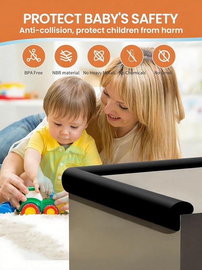 Baby Proof Edge Corner Protector, 16.4FT 0.47''Th L-Shape Furniture Corner & Edge Safety Bumpers with 10 Corners, Pre-Taped, Soft NBR Rubber Foam Desk Edge Cushion Wall Corner Protector (Black)