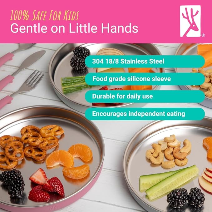 Elk and Friends 7.8” Stainless Steel Non Divided Plates with Silicone Sleeve + Storage Lid | Baby, Toddler, Kids | Dishwasher Safe | Dinner & Snack Plates | 4 Pack
