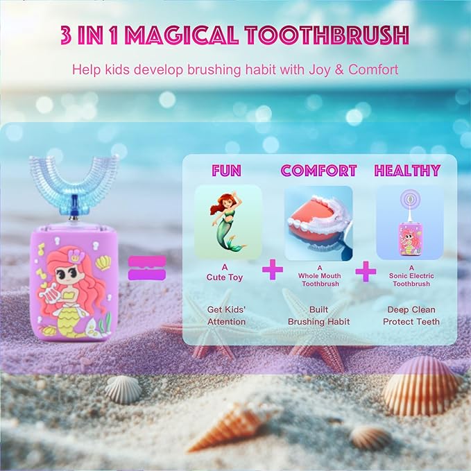 Kids Electric Toothbrush, U Shaped Toothbrush Kids Sonic Automatic Brush with Cup 5 Brush Head 6 Clean Modes IPX7 Waterproof Mermaid Design Rechargeable Smart Timer for Children 8-14