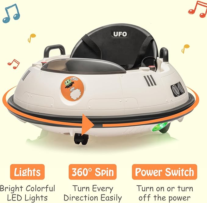 12V Electric Ride on Bumper Car for Toddlers, Kids Bumper Car with Remote Control, 360 Degree Spin, LED Lights, Dual Joysticks, Safety Belt for 18+ Months Kids, White