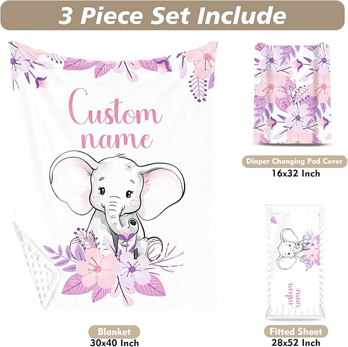 Custom Name Crib Bedding Set - Elephant Theme, Personalized Purple FlowerNursery Bedding 3-Piece Set– Soft Blanket, Fitted Sheet, Changing Pad Cover – for Newborns Girls Nursery Gifts