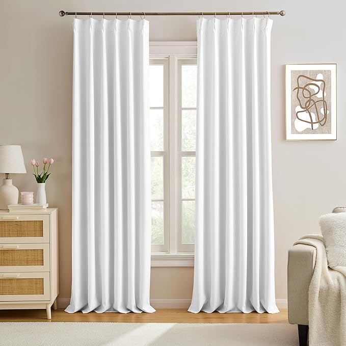 KEQIAOSUOCAI Elegant Pleated Privacy Window Curtain Panels 96 Inches Long, Memory Shape Pinch Pleat Ceiling to Floor Fancy Draperies for Home Office Living Room 40 Inch Wide Each Panel,Set of 2,White