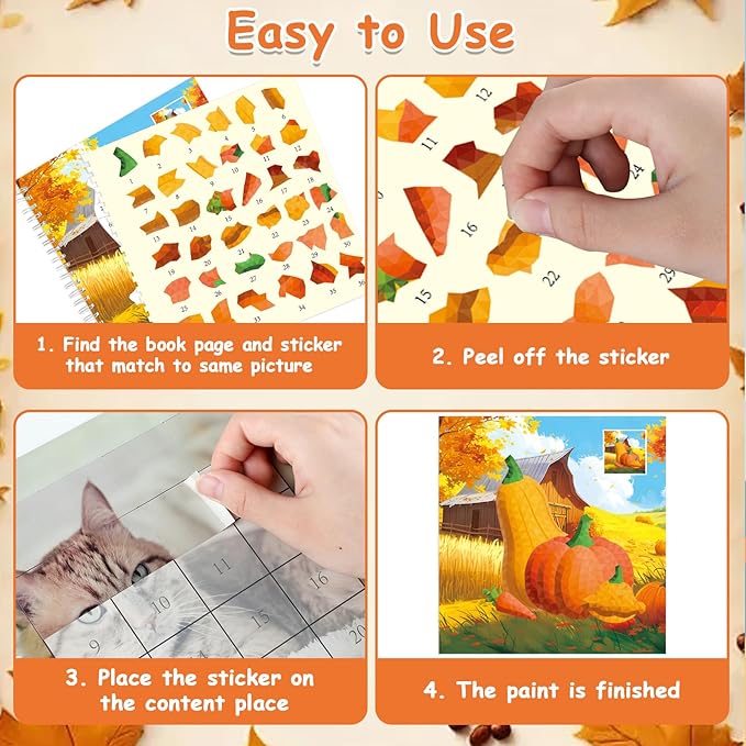 4PCS Thanksgiving Paint by Sticker Books Crafts for Kids Ages 4-8 Fall Sticker by Number Books Activity Book for Kids Age 3-5 Puzzle Book Craft Art Toddler Gift with Turkey Pumpkin 32 Pictures