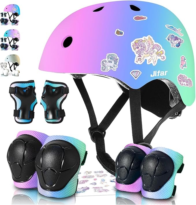 Adjustable Kids Bike Helmet with Knee & Elbow Pads Set, Color Gradient Design for Boys and Girls Aged 3-14+, for Skateboarding, Scooter, Roller & Inline Skating, Longboard