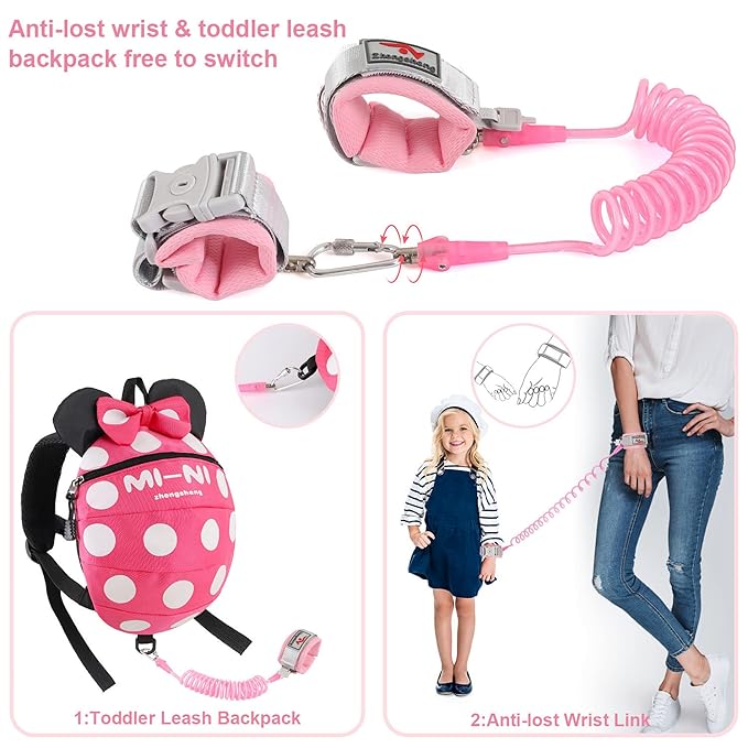 CZSYZCZS 4 in 1 Toddler Harness Leash + Baby Anti Lost Wrist Link, Cute Child Safety Harness Tether, Child Walking Harness Wristband Assistant Strap Belt for Baby Girls(Rose Red)