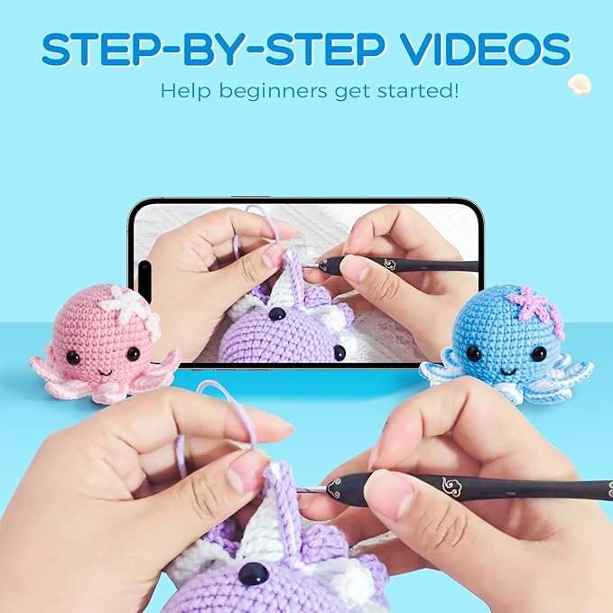 Crochet Kit for Beginners, Make 3 Amigurumi Crochet Animals with Step-by-Step Video Tutorials, Complete Starter Kit for Adults, Kids and Teens, Perfect DIY Craft Gift to Learn Crocheting