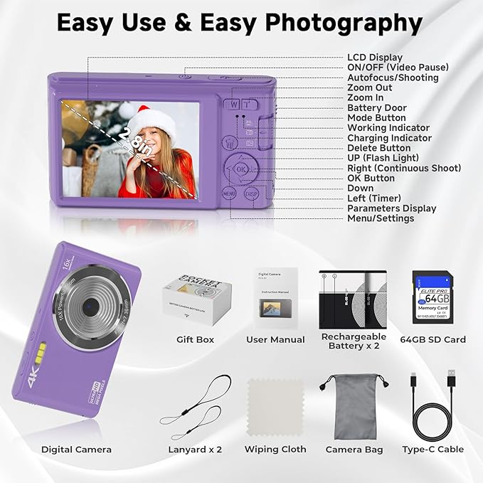 Digital Camera, 44MP FHD 4K Vlogging Camera for Kids Point and Shoot Cameras with 64GB Card, 16X Zoom Portable Compact Small Camera Gifts for Teens Boys Girls Adult Beginner