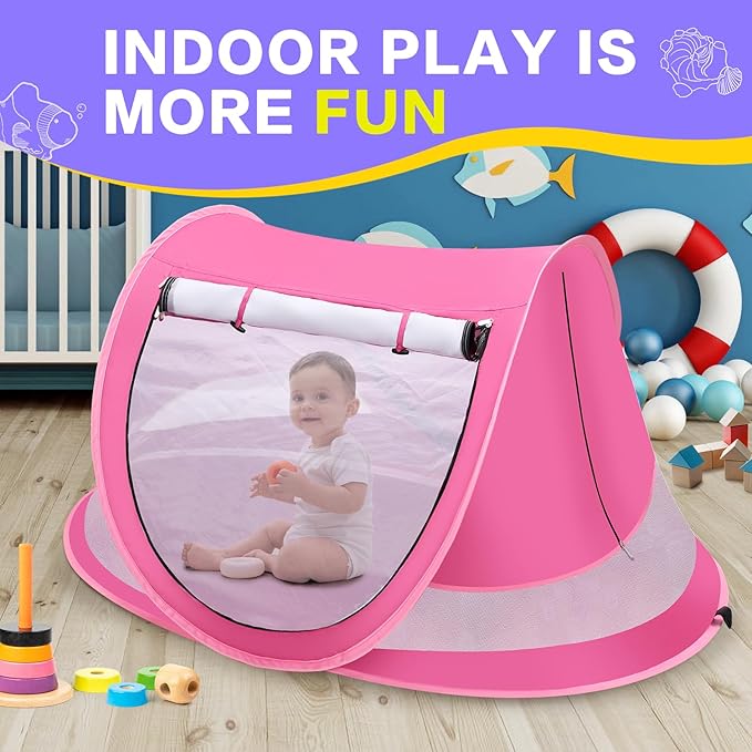 Baby Beach Tent with Baby Hat, Pop Up Toddler Travel Bed with Sun Hat for Boys or Girls, Sun Shade for Toddler Camping, Infant Portable Sun Shade, Summer Beach Baby