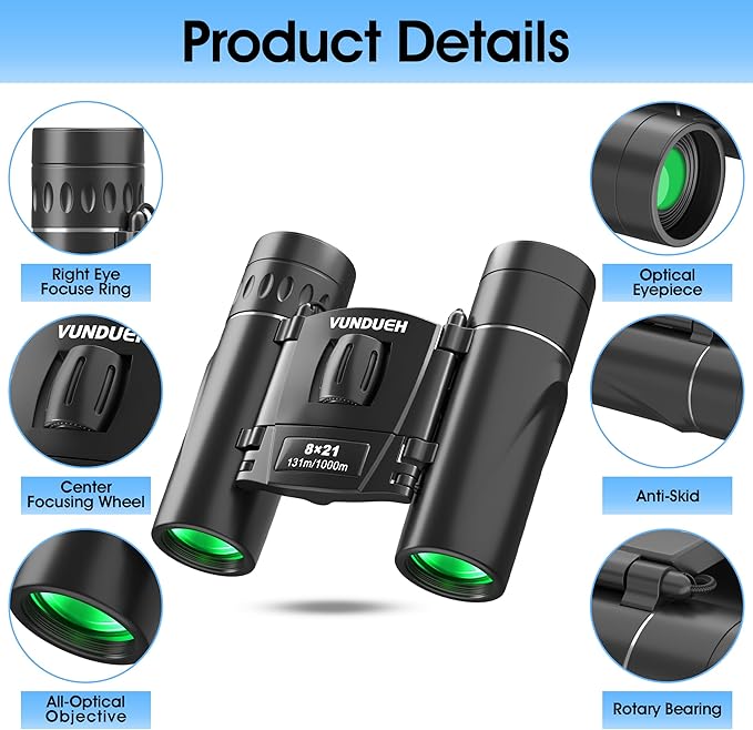 Compact HD Binoculars for Adults and Kids, Children Small High Powered Binoculars with Clear Low Light Night Vision, Mini Pocket Lightweight Waterproof for Hunting Bird Watching Travel Concert