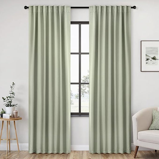 ANRODUO Back Tab Blackout Curtains for Bedroom Living Room, Rod Pocket Pinch Pleated Thermal Insulated Room Darkening Curtains 90 Inches Long 2 Panels, Sage Green, 42 x 90 Inch