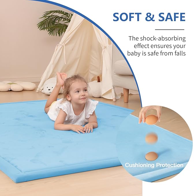 Baby Play Mat for Floor,1.3" Thick Elasti-Foam 50x50 Playpen Mat for Toddlers Infant kids,Water-Repellent Soft Coral Velvet for Tummy Time,Non-Slip Backing for Crawling,Tatami Style(Light Blue)