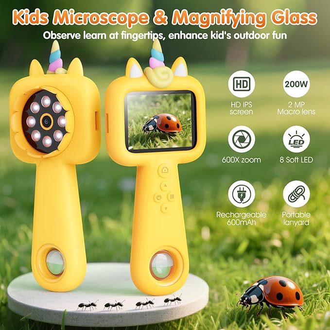 Kids Microscope Handheld Portable Mini 2.4" - 600X FHD Digital Microscope for Kids - Educational Science Toys, Boys & Girls Christmas Birthday Gifts, Outdoor Toys for Kid's Ages 4-8 8-13