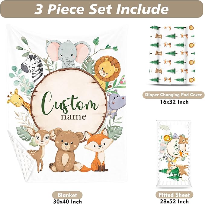 Custom Name Crib Bedding Set - Animal Theme, Personalized Nursery Bedding 3-Piece Set– Soft Blanket, Fitted Sheet, Changing Pad Cover – for Newborns Boys Girls Nursery Gifts