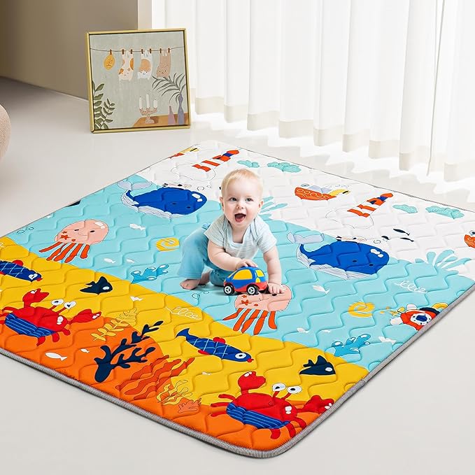 Baby Play Mat - Thicken 50x50 Inch Soft Foam Crawling Mat for Playpen & Floor, Non-Slip Waterproof Playmats for Infants & Toddlers, Portable Foldable & Machine Washable, Ocean World