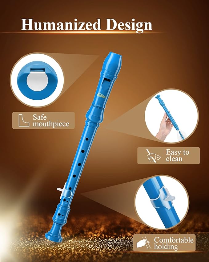 Eastar Soprano Recorder Instrument for Kids Beginners, German Fingering C Key with Cleaning Kit, Thumb Rest, Cotton Bag, Fingering Chart, ERS-21GB, Blue, School-Approved