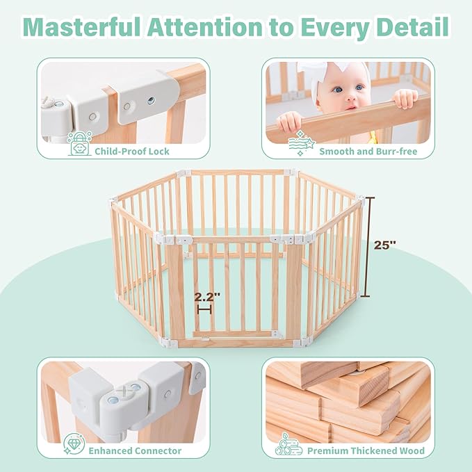 Foldable Wooden Playpen,Large Baby Gate Playpen with Child-Proof Lock-Easy Assembly, Portable Design for Babies & Toddlers- Shape& Size Adjustable Baby Fence Play Area(Wood, 6 Panel)