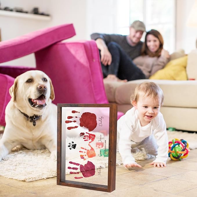 Family Handprint Kit,DIY Colorful Craft Keepsake Family Art Baby Newborn Hand and Footprint Wooden Frame for Home Decor Family Gifts Set(5 Sheets with 8 Colors) (Wood)