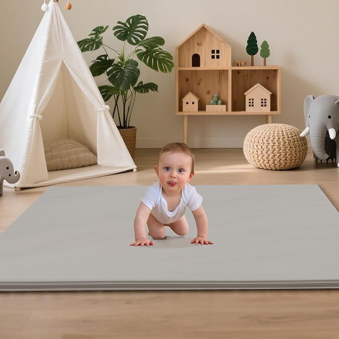 Baby Play Mat 47x47 Inches, Extra Thick 1.2" Foam Floor Mat for Tummy Time & Crawling, Waterproof Non-Slip Faux Leather Playpen Mat for Infants Toddlers, Indoor Outdoor Gym Activity, Gray