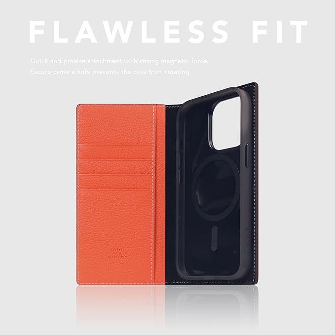 D8 Neon Full Grain Leather Wallet Case for iPhone 15 Pro - [2-in-1] Handcrafted Detachable Diary Style with Magnetic MagSafe Back Cover, Gift Box Included (Coral)