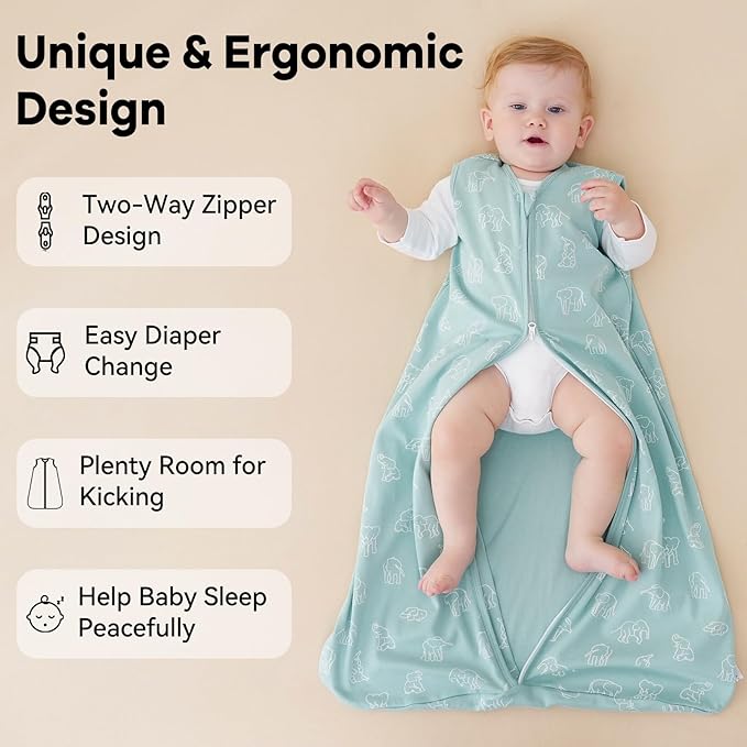 Baby Sleep Sack 12-18 Months 0.5 Tog Wearable Blanket Baby, 3 Pack 100% Cotton Lightweight Sleeping Sack with 2-Way Zipper for Infant Toddler Apricot Gray Green Elephant