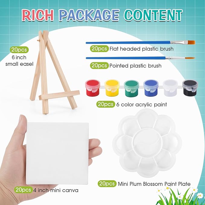 ESRICH 20 Set Mini Canvas Painting Kit, Minis Acrylic Paint Set, Valentines Day Gifts,4*4in Stretched Canvas with Easel, Acrylic Paints,Brushes,Palette,Mini Easel Canvas for Kids Adults Painting Party