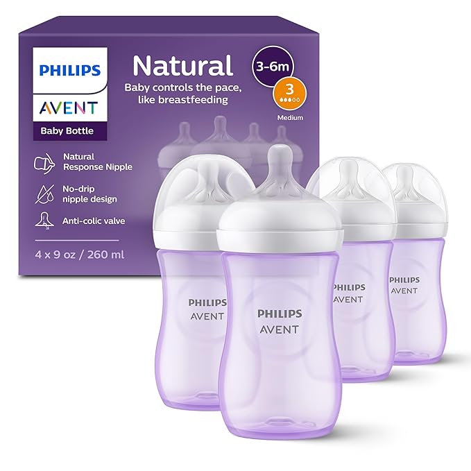 Philips Avent Natural Baby Bottles with Natural Response Nipples (Medium Flow, Flow 3), 9oz, Purple, 4-Pack, SCY903/34
