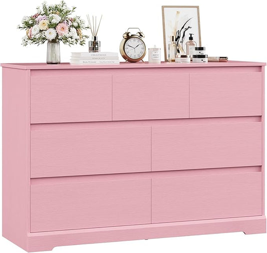 Dresser for Bedroom, Modern Pink Dresser, Wood Chest of Drawers Nursery Dressers, with Storage, 7 Drawer Double with Handle Free, Large Storage Organizer for Living Room,Pink