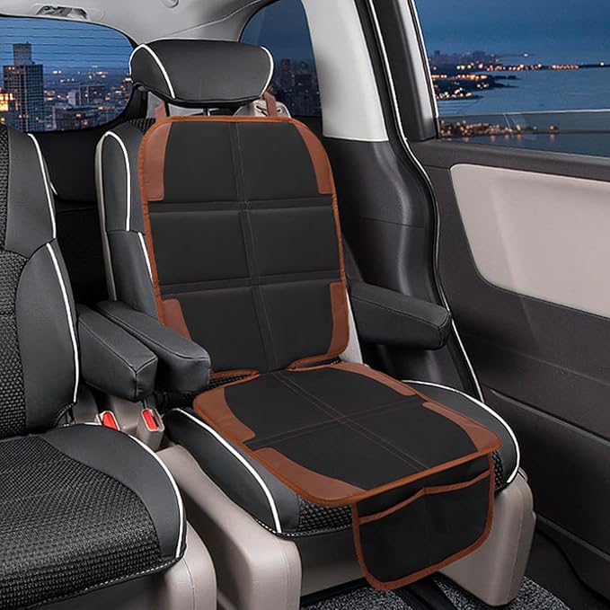 Car Seat Protector for Child, 2 Pack With Mesh Pockets & Non-Slip Backing 600D Durable Under Baby Seat Cover for Back Seat (Dark Brown, Standard)