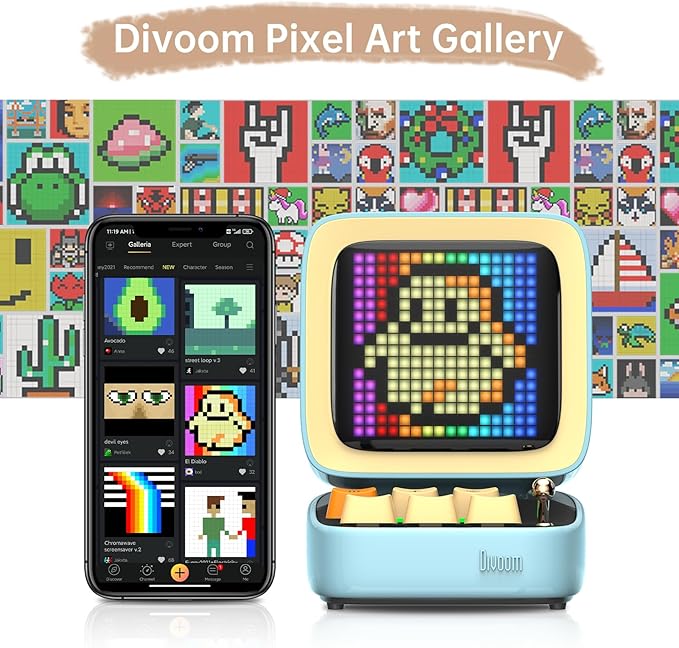 Divoom Ditoo Retro Pixel Art Game Bluetooth Speaker with 16X16 LED App Controlled Front Screen (Blue) …