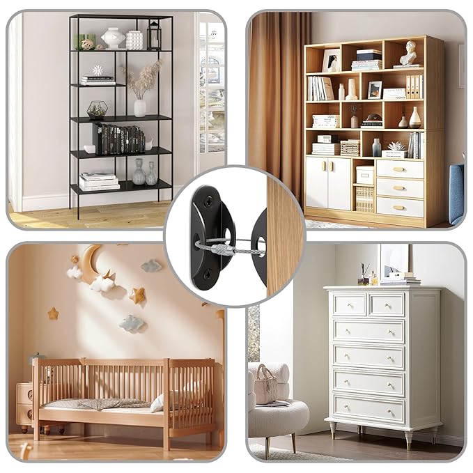 Furniture Anchors for Baby Proofing, Anti Tip Furniture Anchor Securing 420lbs Tension Earthquake Resistant Metal Furniture Wall Anchor Prevent Baby Pet from Falling Furniture（8 Pack，Black）