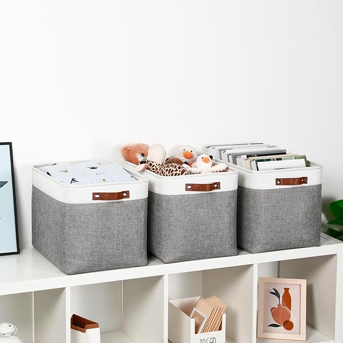 DULLEMELO Large Storage Baskets, Fabric Storage Basket with Leather Handles for Shelves Closet Nursery Toy Storage, Collapsible Fabric Baskets for Toy Book Magazine Towel Organizers(White&Gray)