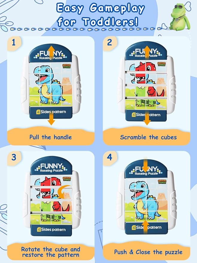 16-Piece Rotating Puzzles for Kids 4-6, Toddlers Puzzles 2-4, Road Trip, Airplane Activities Game, Travel Toys - Brain Teaser, Fine Motor Skills - Birthday Gifts Boys Girls - Dinosaur