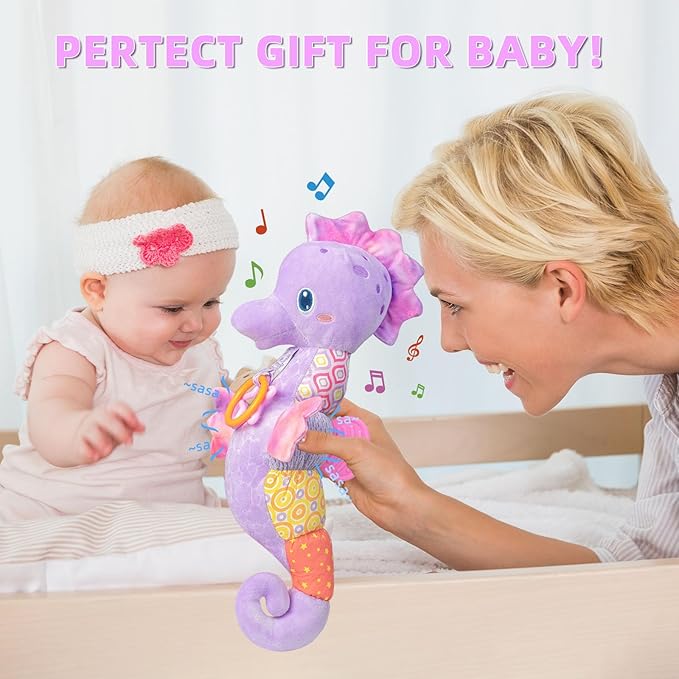 Baby Toys 0-6 Months,Infant Musical Seahorse Stuffed Animals Sensory Toys with Bright Colors,Multiple Textures,Rattles & Crinkle Sound Paper,Tummy Time Toy for Newborn Boys Girls 0-12 Months-Purple