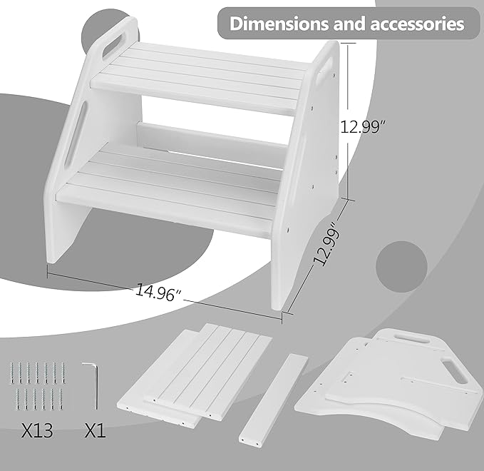 AMBIRD Wooden Two Step Stools Toddler with Safety Non-Slip Pads and Handles, Bamboo Step Stool for Bathroom, Bedroom, Kitchen Dual Height Step Stools for Kids (White)