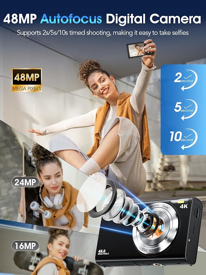 Digital Camera,Autofocus 4K Vlogging Camera for Photography with 32GB Card,48MP Portable Compact Point and Shoot Digital Camera for Teens Adult Beginner with 16X Zoom,Anti-Shake,2 Batteries(Black)