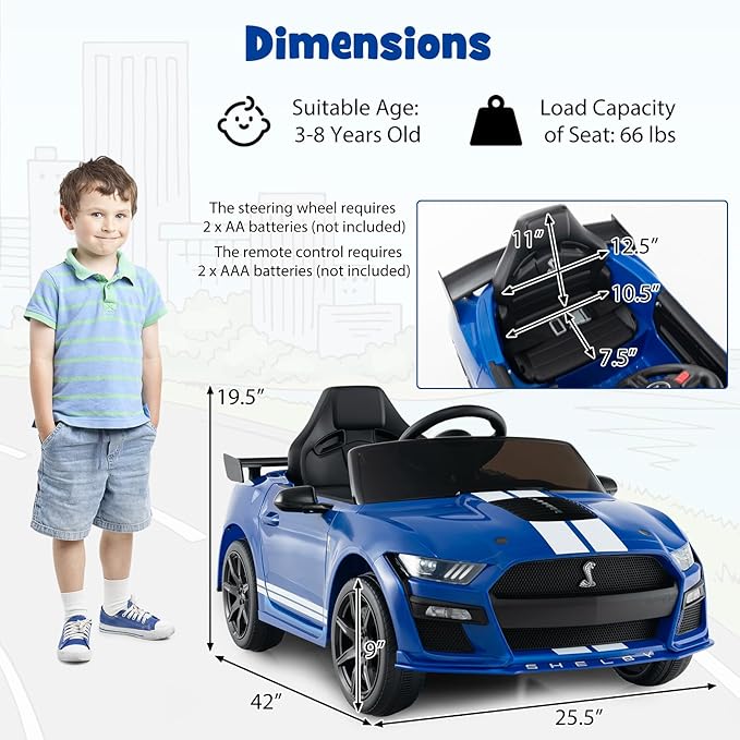 Costzon Ride on Car, 12V Licensed Ford Mustang Shelby GT500 Kids' Electric Vehicles w/Remote Control, USB Port, Radio, Music, Player, High Low Speed & Soft Start, Racing Kids Car for Toddler (Blue)