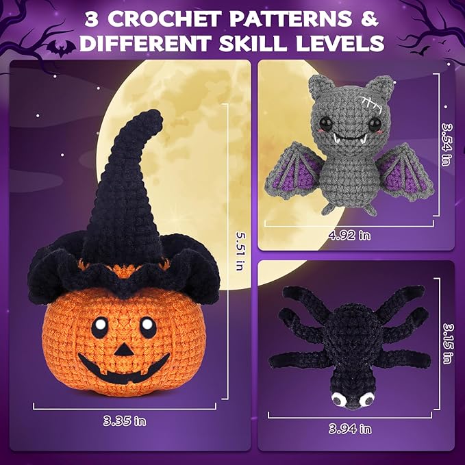 Crochetta Crochet Kit for Beginners, Halloween Decorations, Pumpkin Spider Bat Crochet Animal Kit for Adults and Kids with Step-by-Step Video Tutorials, DIY Knitting(40%+ Yarn)