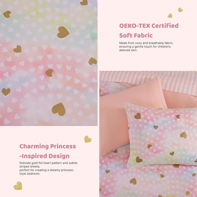 Full Size Comforter Sets with Sheets for Girls-7 Pieces Full Size Bedding Sets with Pink Comforter, Sheets, Pillowcases & Shams for Kids (Colorful Gold Heart, 76" X 86")