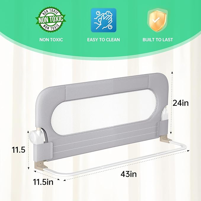 Folding Bed Rail for Toddlers,Baby Bed Rail Guard with Reinforced Anchor Safety System,Fit Bunk,Full Size,Queen,King,Twin(Grey,43"x23.6")