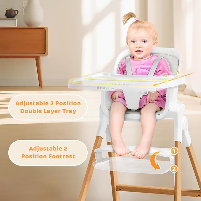 Ezebaby Folding Wooden High Chairs, 3-in-1 Convertible Baby High Chair, Dining Booster Seat, Toddler Chair, Easy Clean High Chairs for Babies and Toddlers with Large Adjustable Tray- Solid White