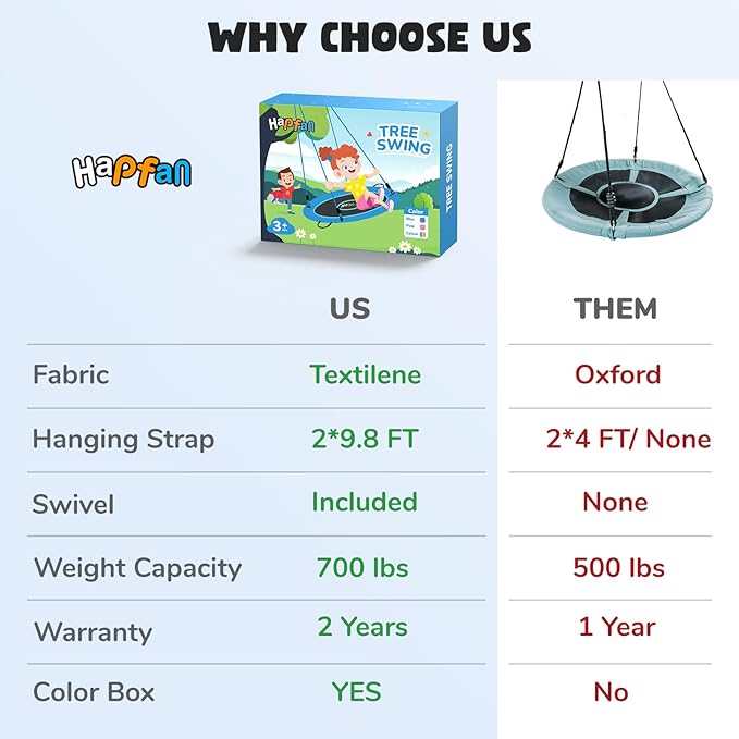 Hapfan 40" Saucer Tree Swing for Kids and Adults, Disc Round Swing for Kids Outdoor with Swivel, UV-Resistant Textilene Fabric, 700 lb Weight Capacity, 9.8 FT Hanging Straps, 2-Year Warranty (Rainbow)