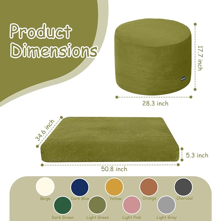 COMAX Kids Bean Bag Chair Turn into Beanbag Bed, Toddler Bean Chair Corduroy for Girl Boy Sleeping, Lazy Children Bean Bags with Filler, Convertible Child Floor Mattress, Light Green