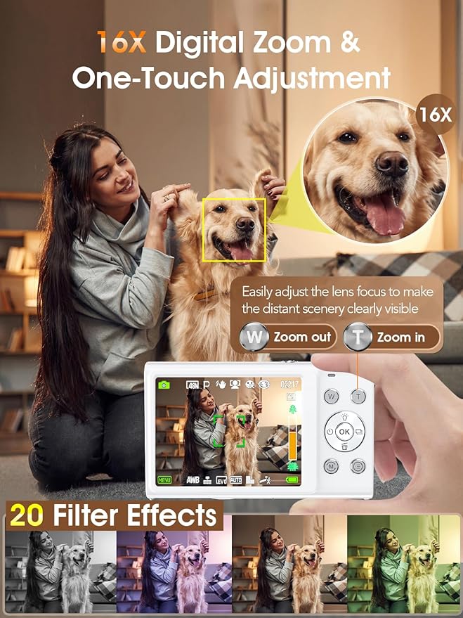 Digital Camera,Autofocus 4K Vlogging Camera for Photography with 32GB Card,48MP Portable Compact Point and Shoot Digital Camera for Teens Adult Beginner with 16X Zoom,Anti-Shake,2 Batteries(White)