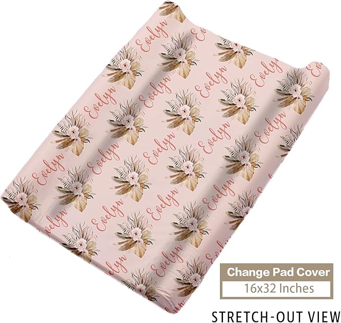 Custom Name Crib Bedding Set - Bohemian Flowers Design, Personalized Baby Nursery Bedding 3-Piece Set– Soft Blanket, Fitted Sheet, Changing Pad Cover – for Newborns Girls Nursery Gifts