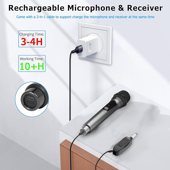 Aveek Wireless Microphone for Karaoke, 2.4GHz Rechargeable Karaoke Microphone(Work 10hs), for Speaker, Karaoke Machine,Church, Speech, Wedding, Party Singing, Grey,1 Pack