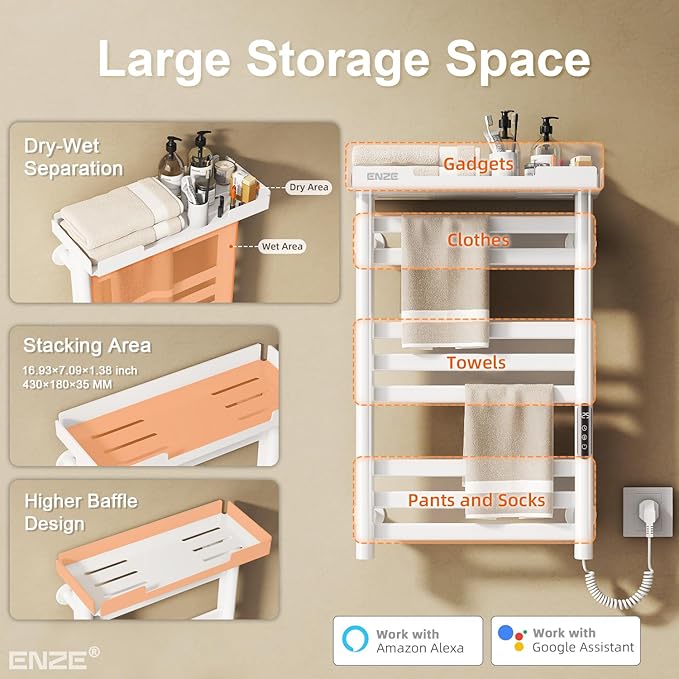 ENZE Heated Towel Rack with Shelf and Wi-Fi App Control, 8 Bars Electric Wall Mounted Towel Warmer with Timer & Adjustable Temperature, Low Carbon Steel, Plug-in/Hardwired, White