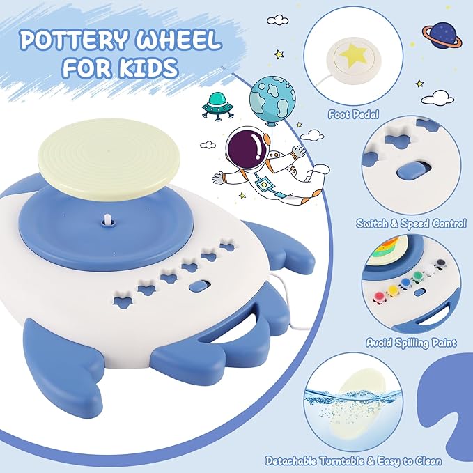 deAO Pottery Wheel for Kids Complete Painting Set for Beginners Mini Pottery Wheel Kit with Air Dry Clay Tools, Arts & Crafts Clay Wheel Toys Birthday Gifts for Girls Boys Age 3+ (Blue)